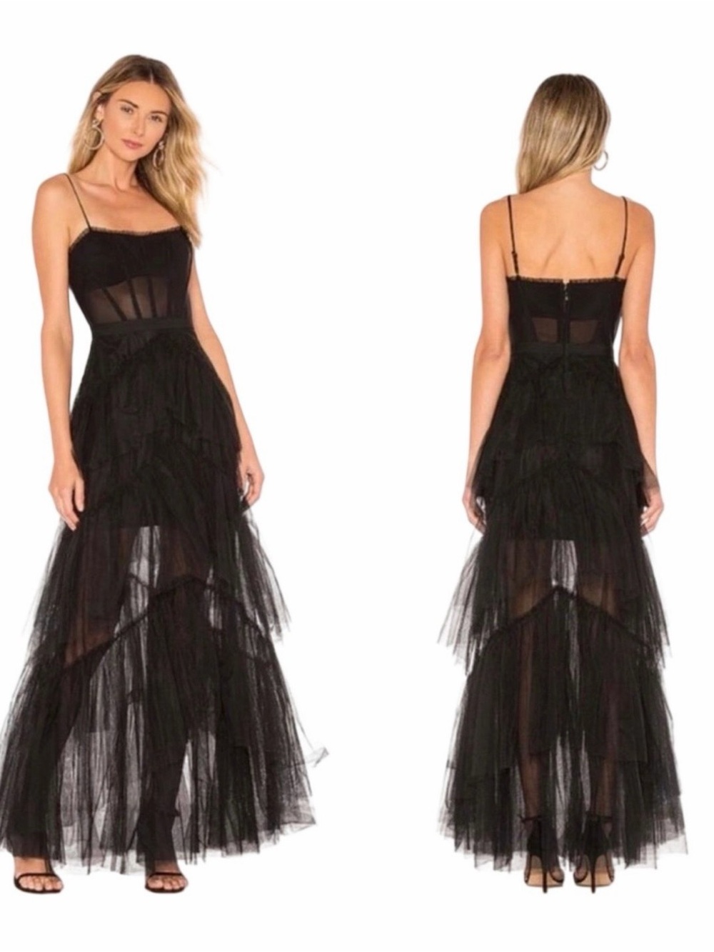 BCBGMAXAZRIA Oly Tiered Ruffle Tulle Evening Gown in Black 6 - NWOT